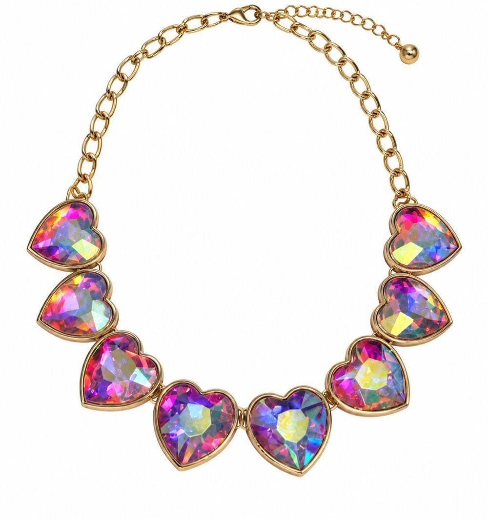 Iridescent Rainbow Crystal Heart Gold Tone Statement Necklace